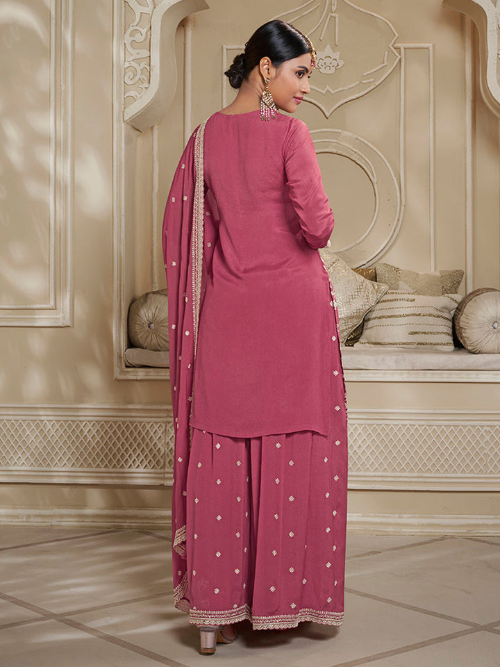 Deep Rose Floral Pattern, Thread and Sequins Embroidered Sharara Suit Set by Qivii