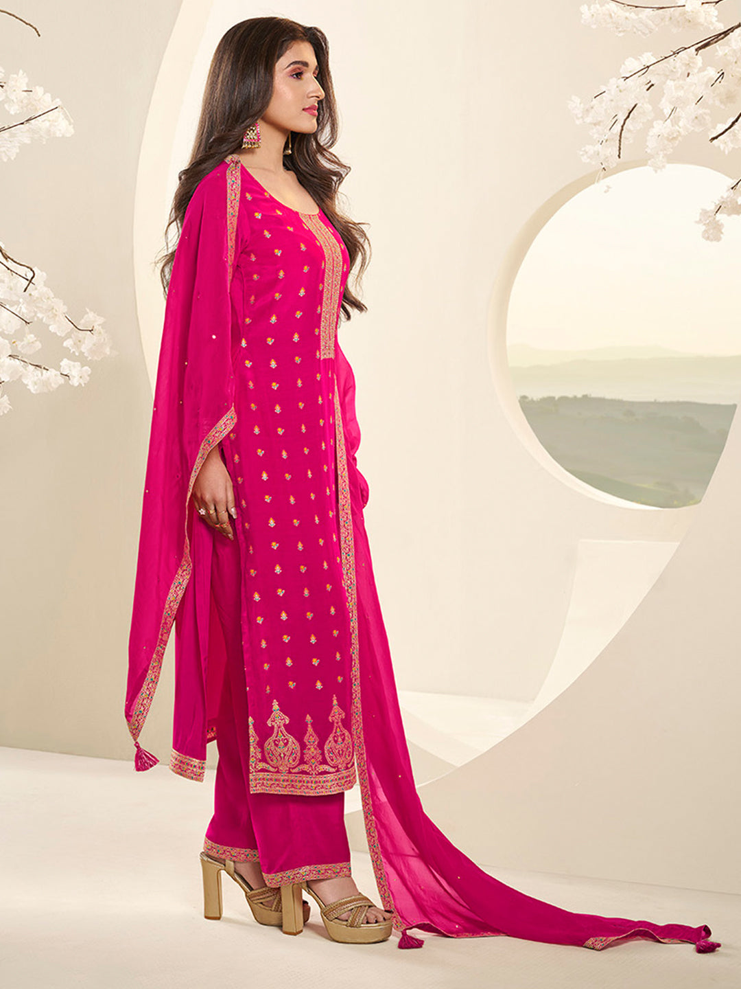 Hot Pink Muslin Jacquard Kurta Suit Set with Multi Contrast Thread Weave and Paisley Pattern Daman
