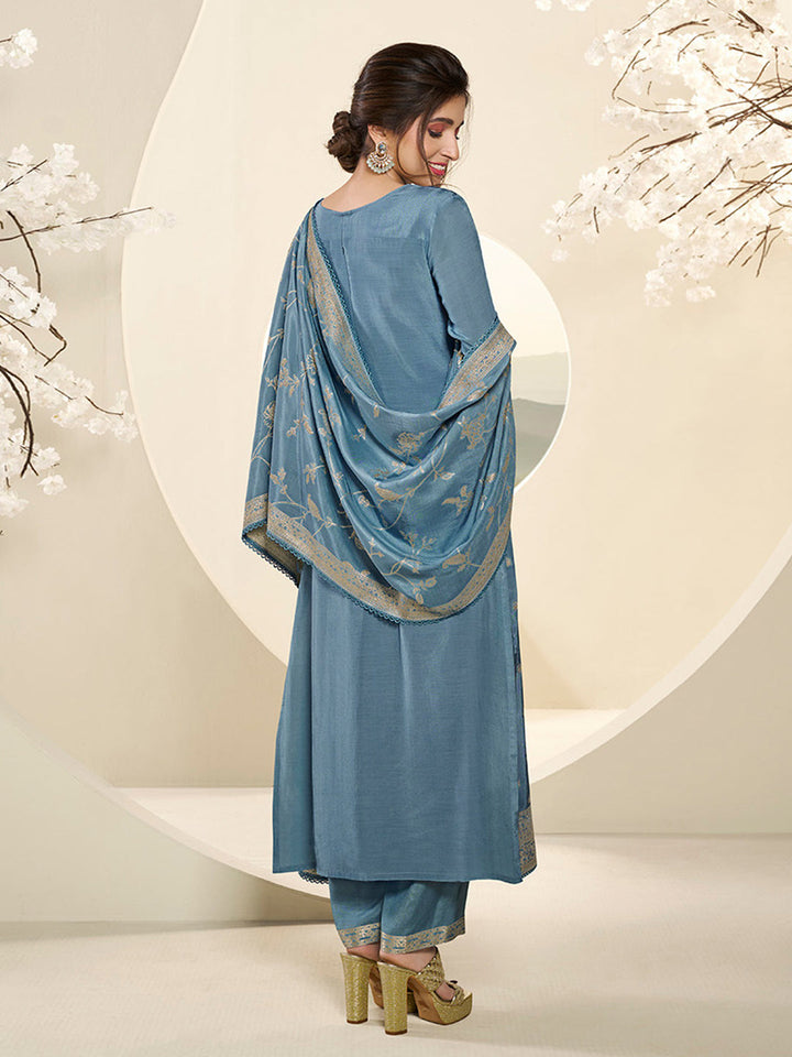 Sky Blue Muslin Jacquard Kurta Suit Set with Champagne Thread Weave and Pencil Sketch Weave Yoke by Qivii