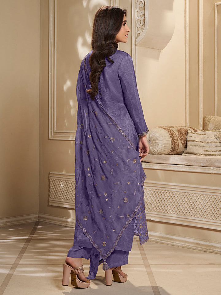 Lavender Dola Jacquard Kurta Suit Set with Embroidered with Thread and Sequins Work by Qivii