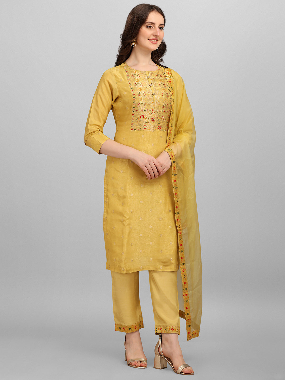 Yellow Meena Jacquard Kurta Suit Set by Qivii