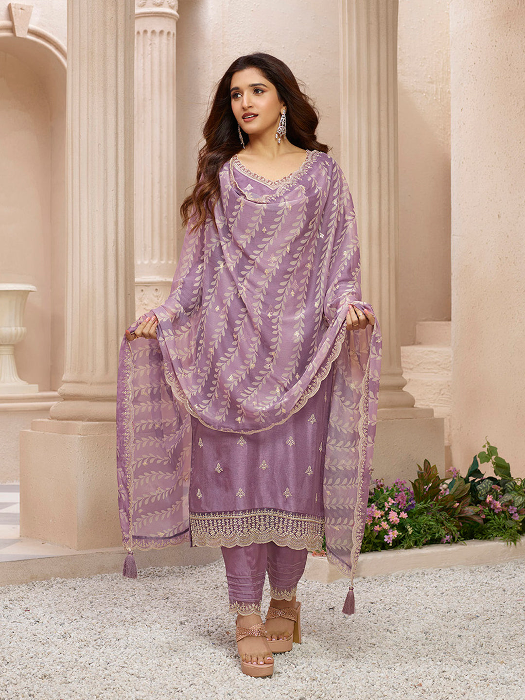 Dusty Lavendar Cutwork Neckline Dola Silk  Kurta Suit Set  with Lehariya Print Dupatta by Qivii