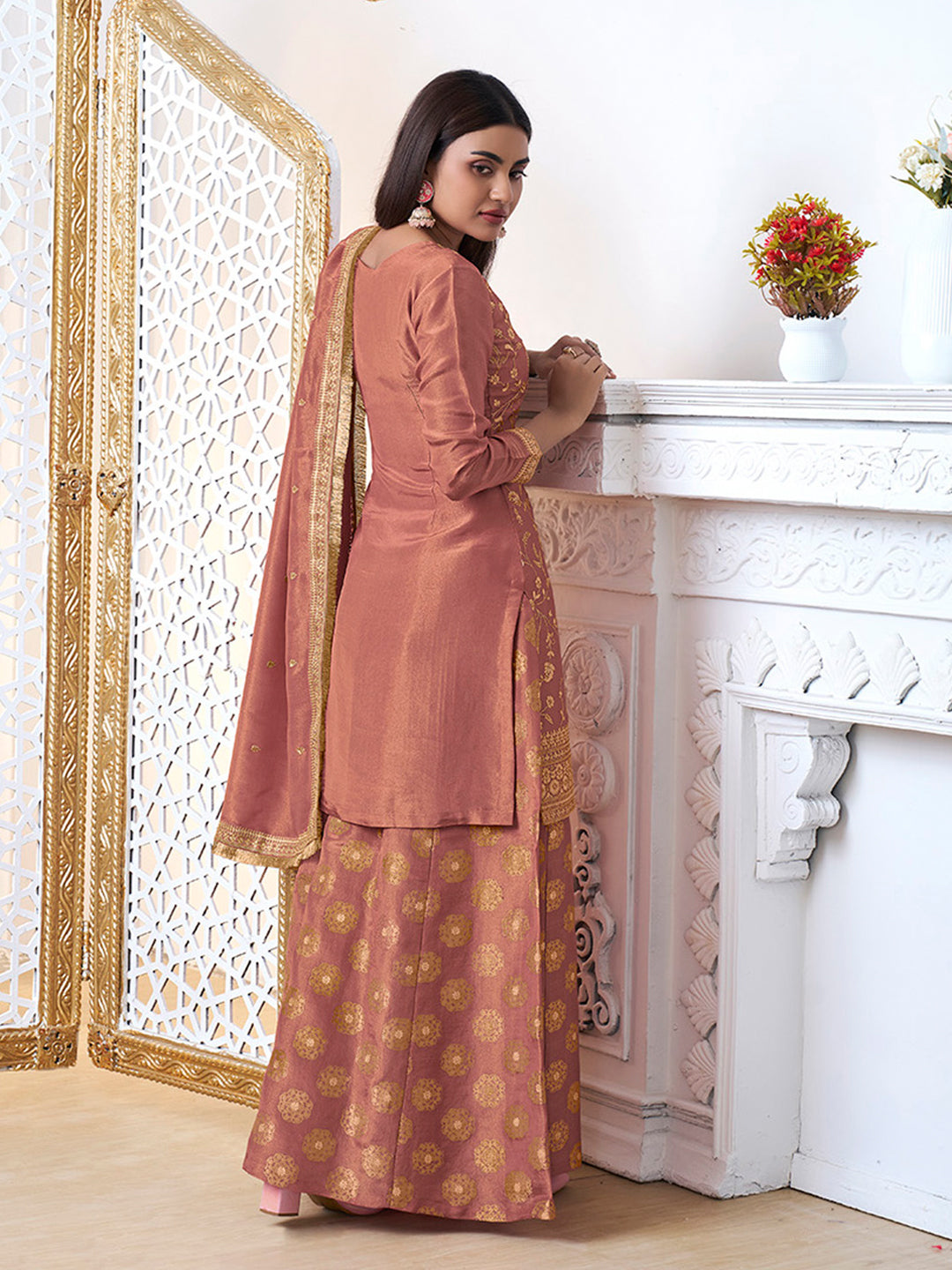 Peach Tissue with Pitta work Gold Jhalar Dupatta Sharara Suit Set