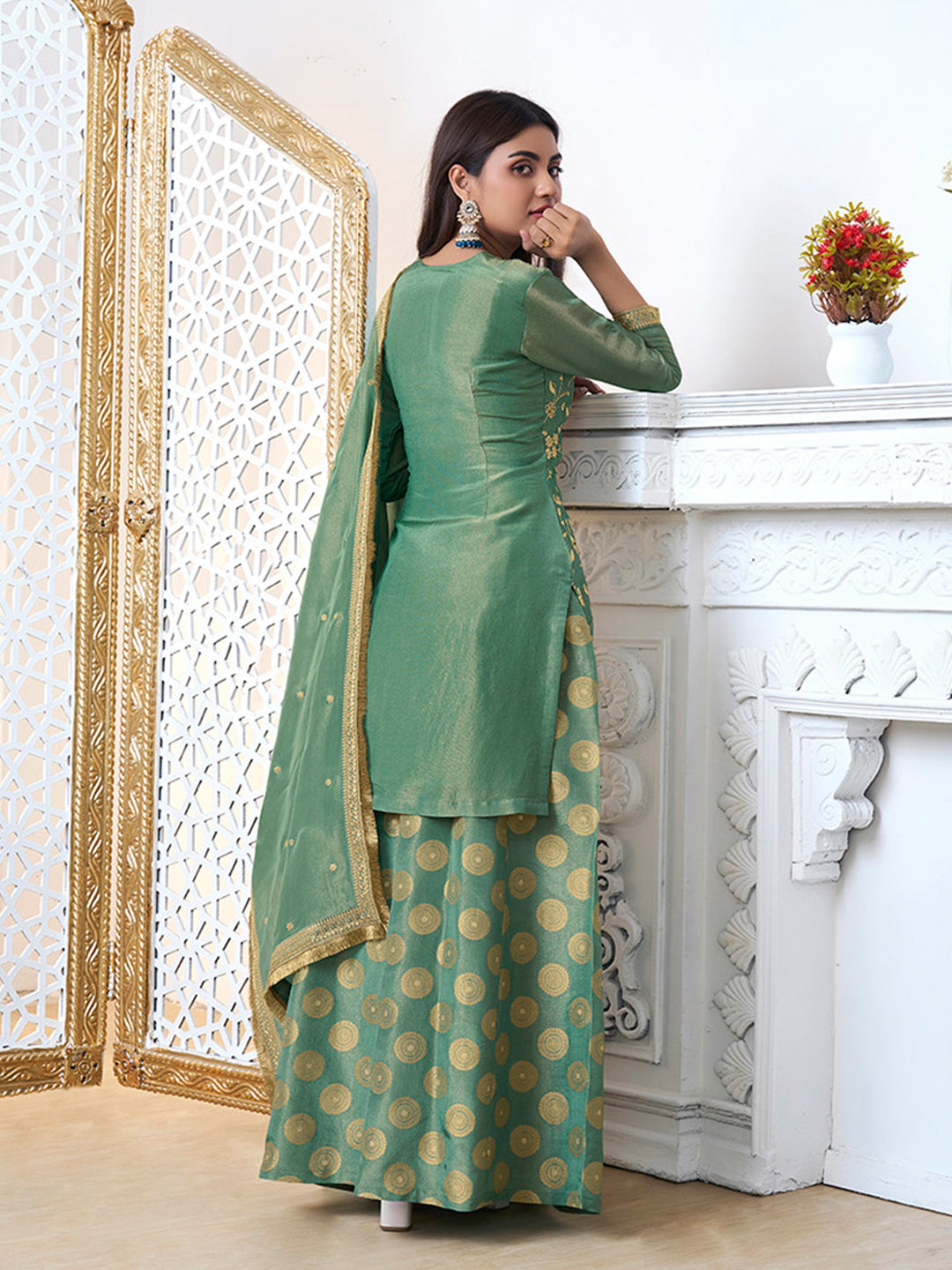 Lime Green Sharara Suit Set in Tissue with Pitta Work Dupatta