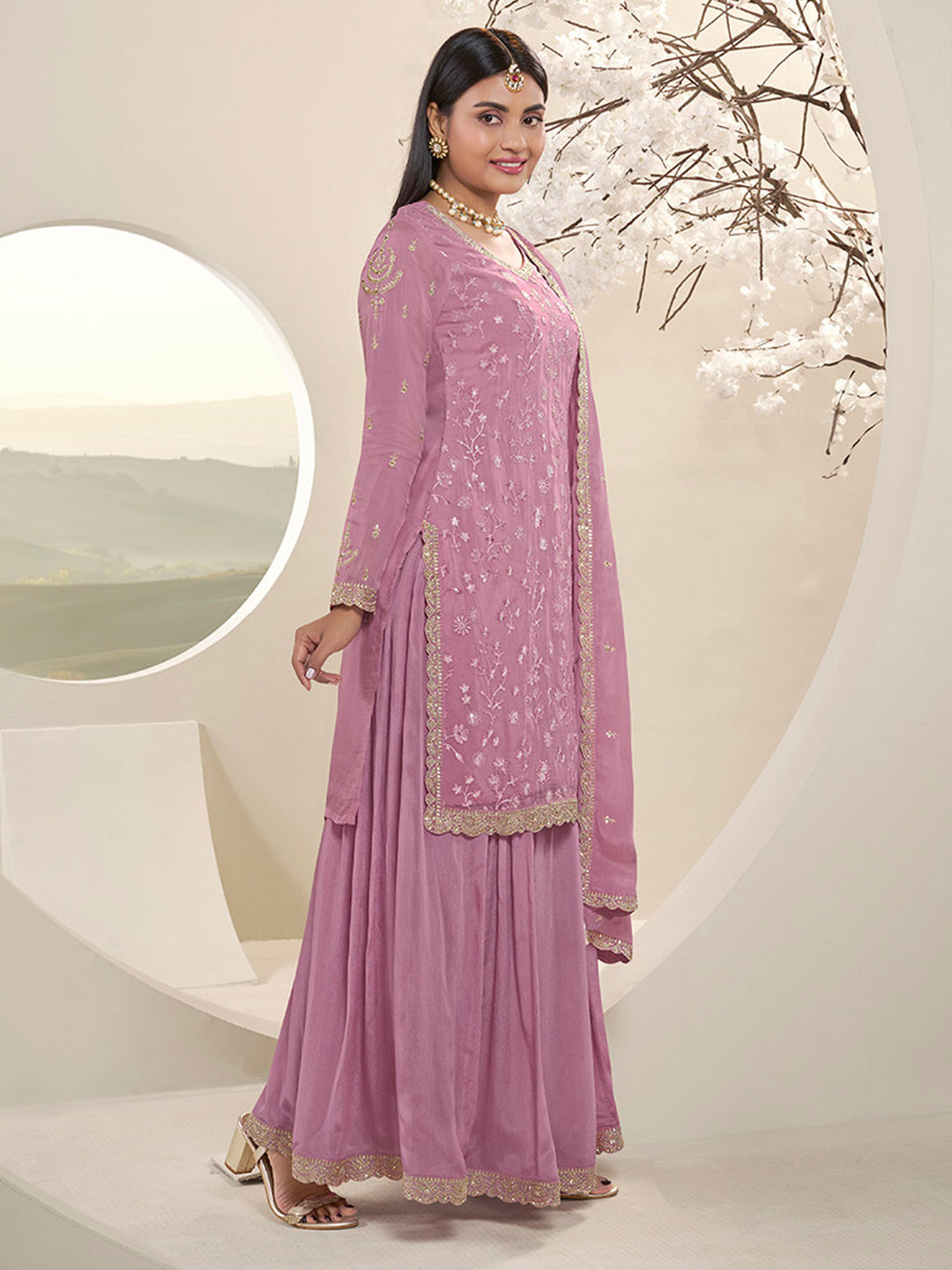 Pink Floral Pattern, Thread with Sequins & Zari Embroidered Sharara Suit Set by Qivii