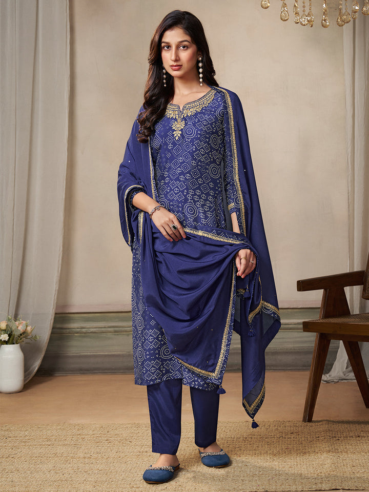 Blue Dola Bandhni Printed with Embroidery Kurta Suit Set