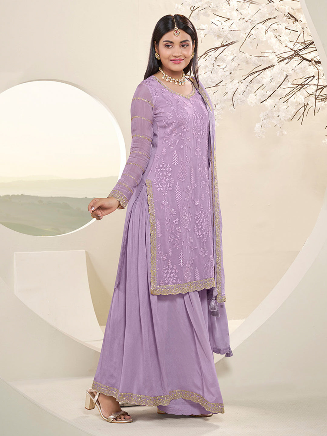 Lavender Floral Pattern, Thread with Sequins & Zari Embroidered Sharara Suit Set by Qivii