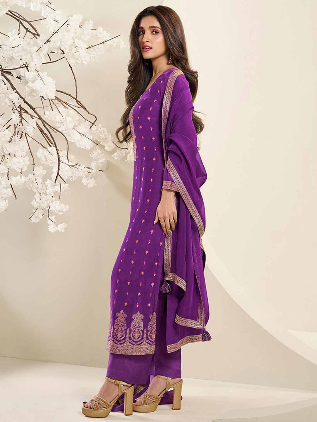 Midnight Purple Muslin Jacquard Kurta Suit Set with Multi Contrast Thread Weave and Paisley Pattern Daman by Qivii