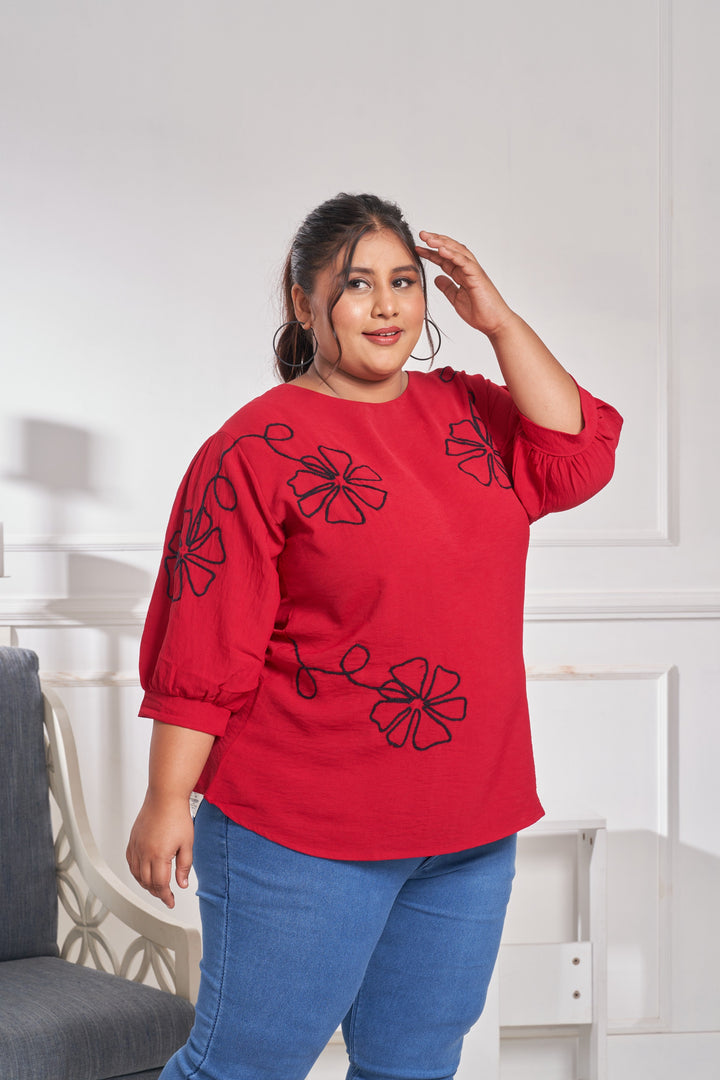 Floral Embroidered Cotton Top (Red)