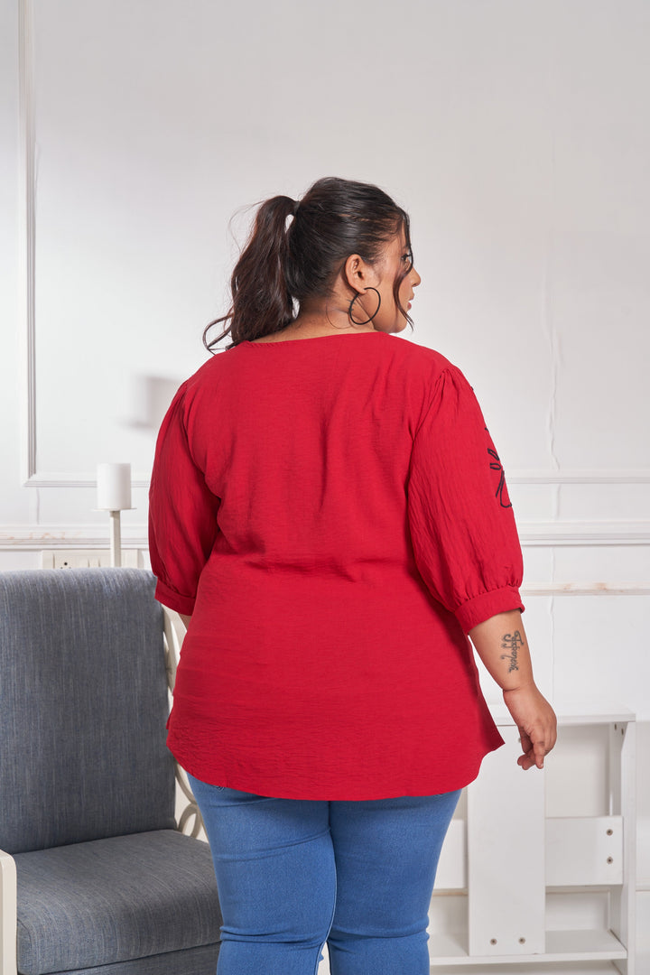 Floral Embroidered Cotton Top (Red)