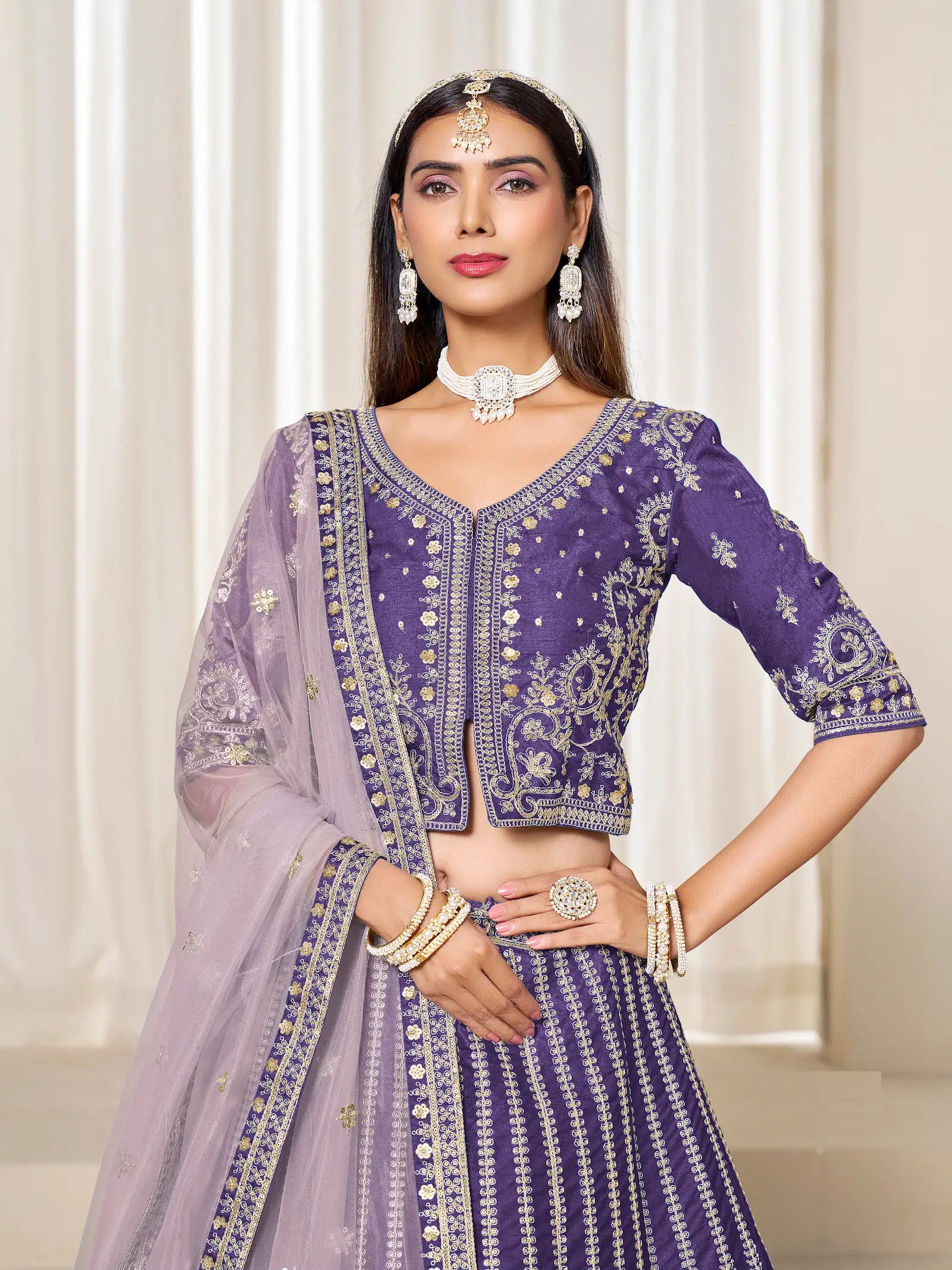 Purple Art Silk Thread & Sequins Embroidery Lehenga Choli - qivii