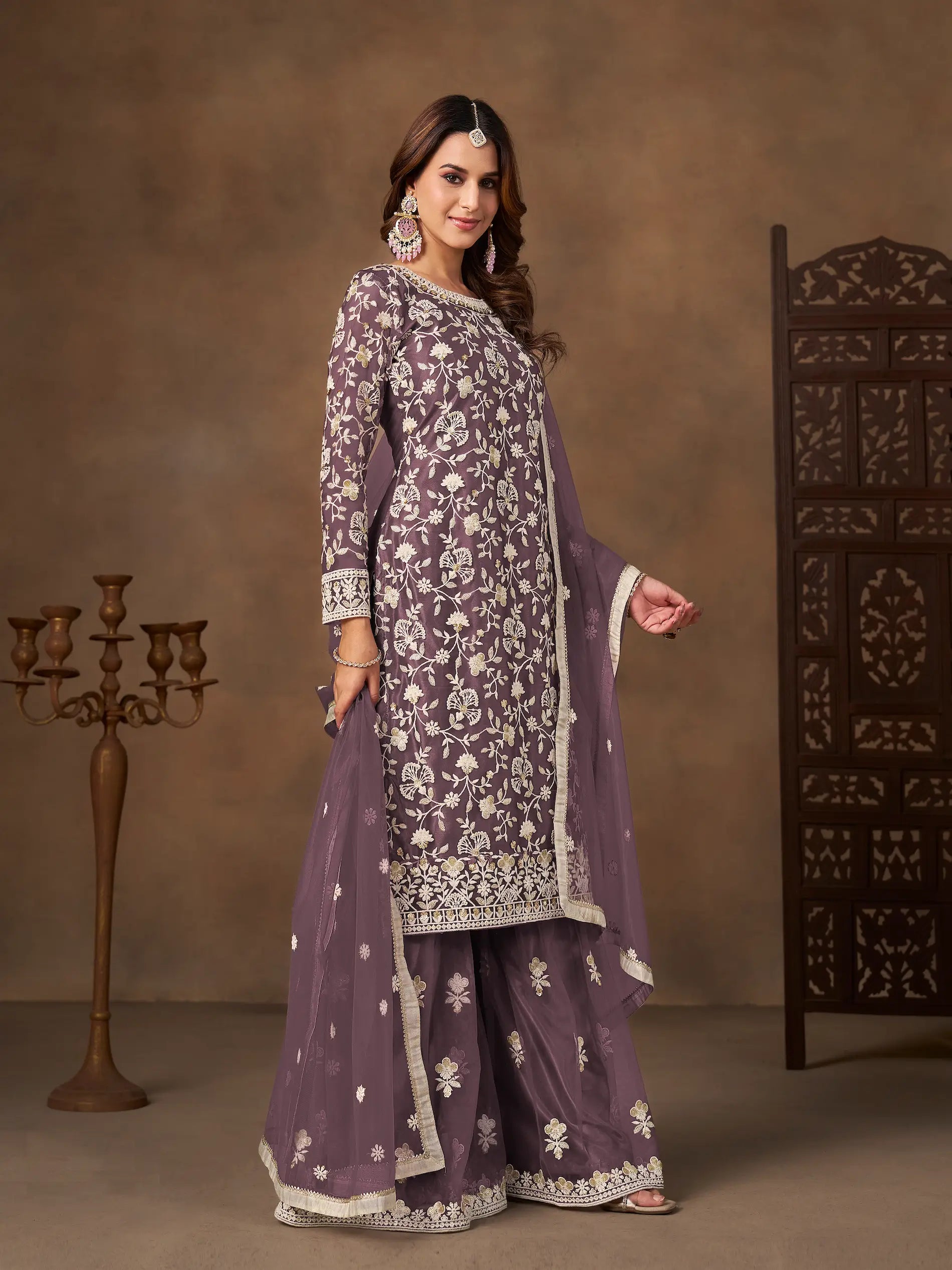 Dark Mauve Net Embroidery Palazzo Suit