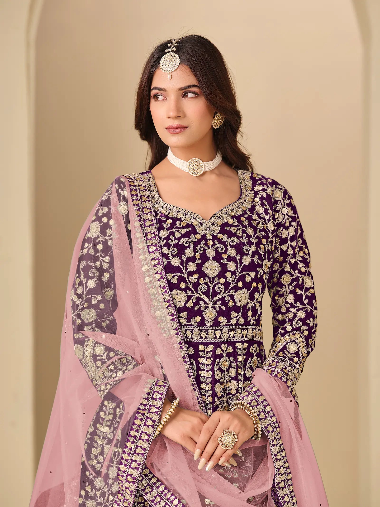 Deep purple Velvet Heavy Embroidered Gown