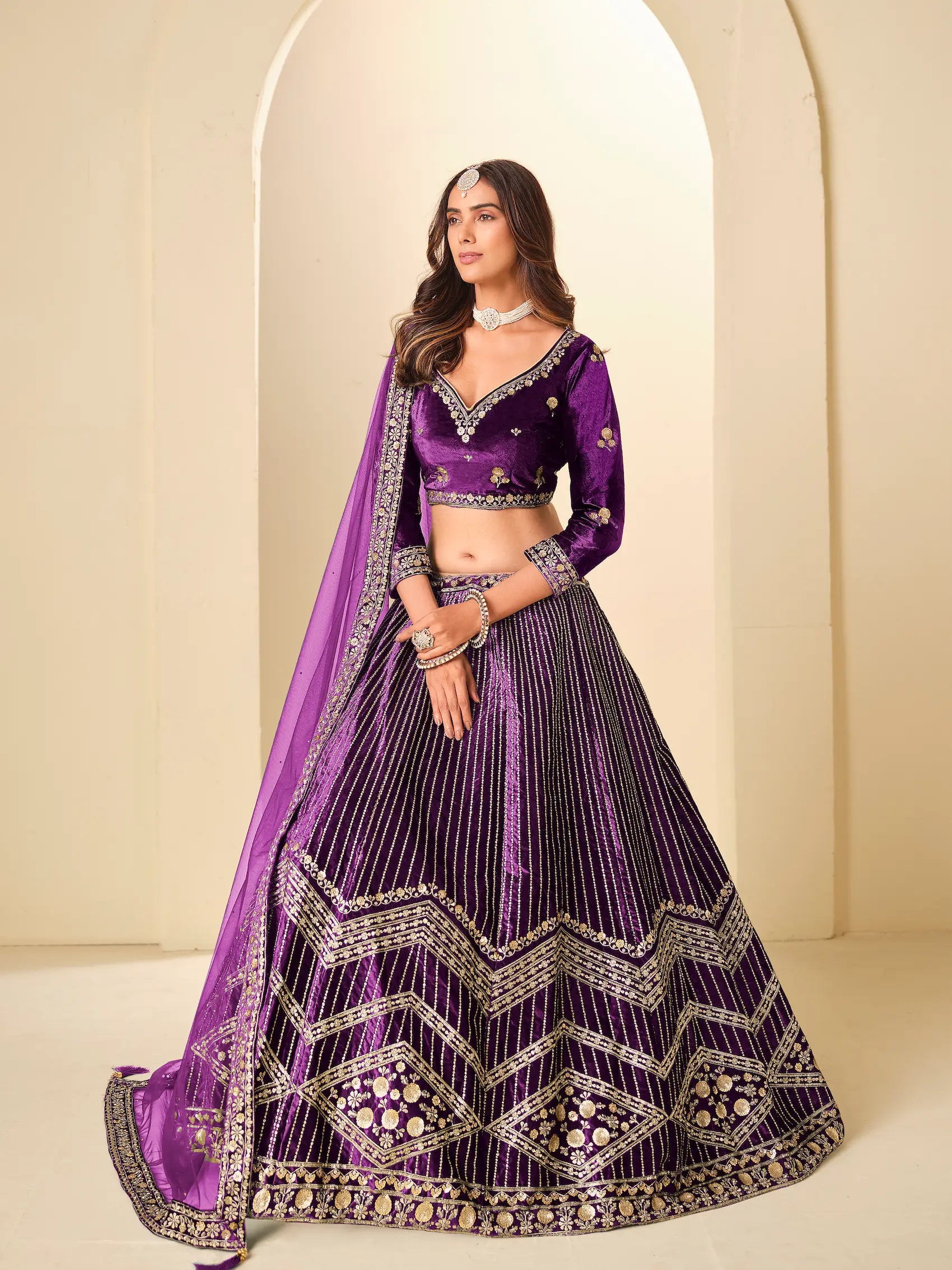 Deep Purple Velvet Lehenga Choli With Embroidery