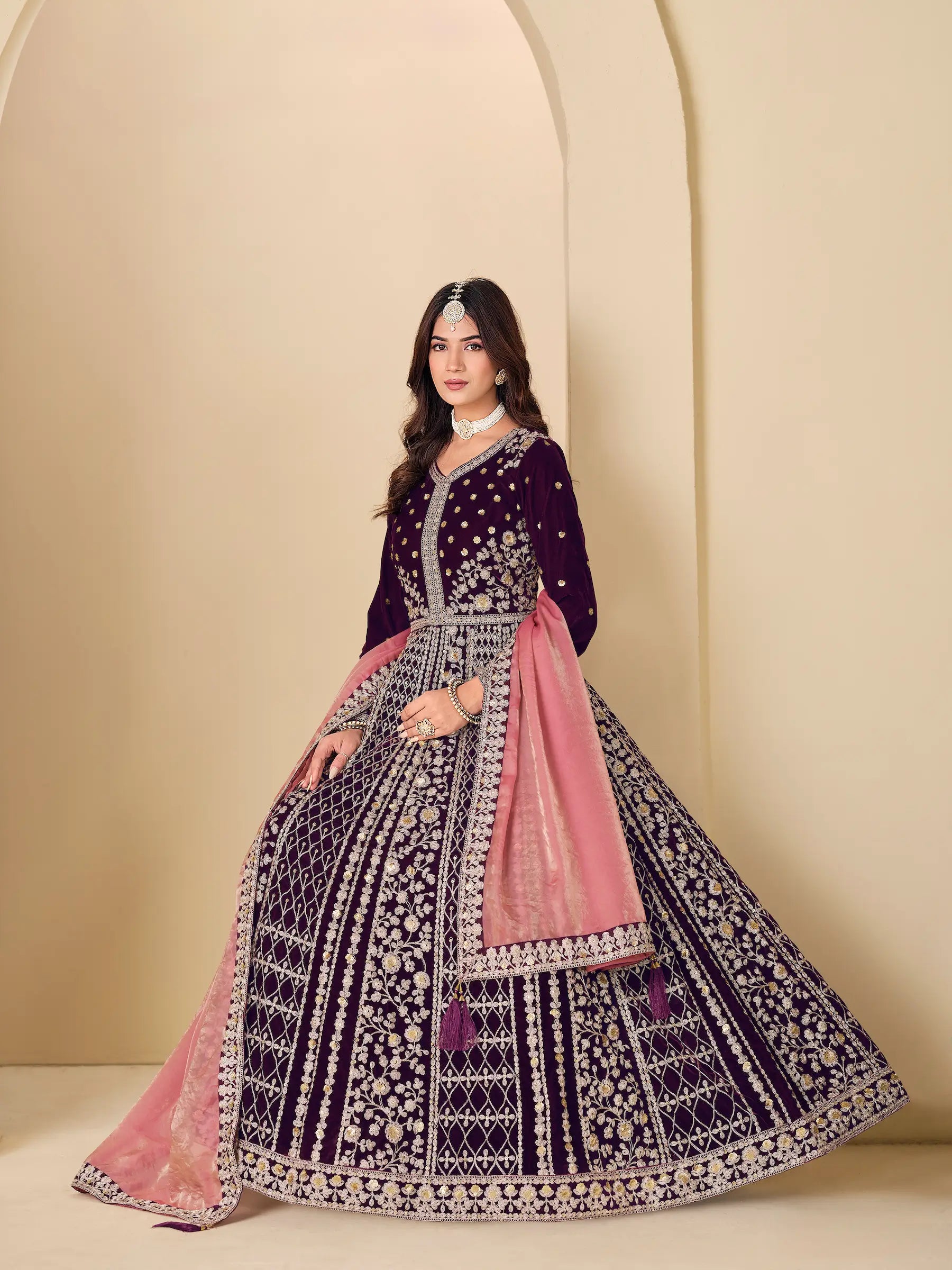 Dark Purple Velvet Heavy Embroidered Gown