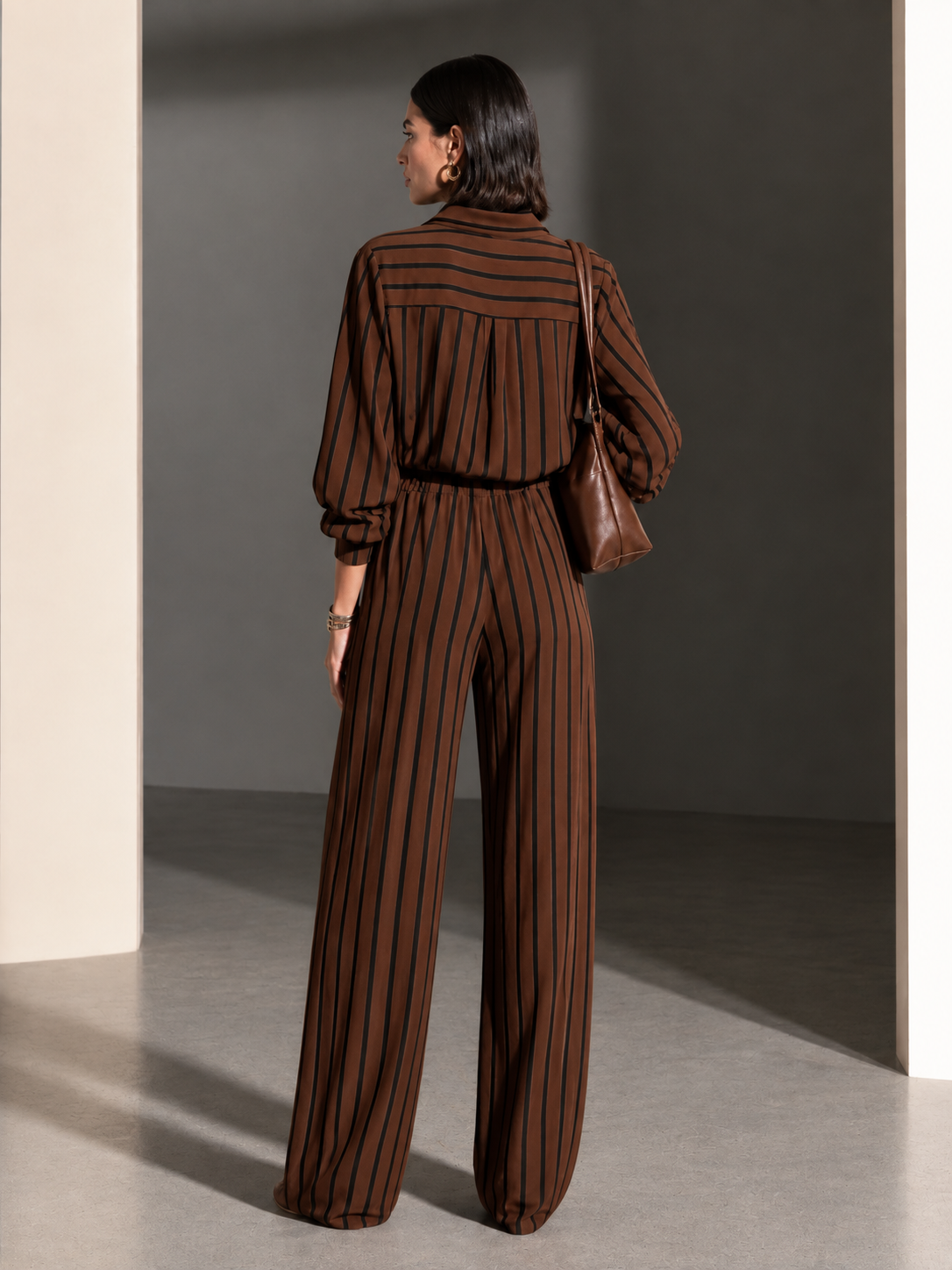 Women's Striped Half-Zip Casual Wide-Leg Pants Set MDZ0151I1GMJ