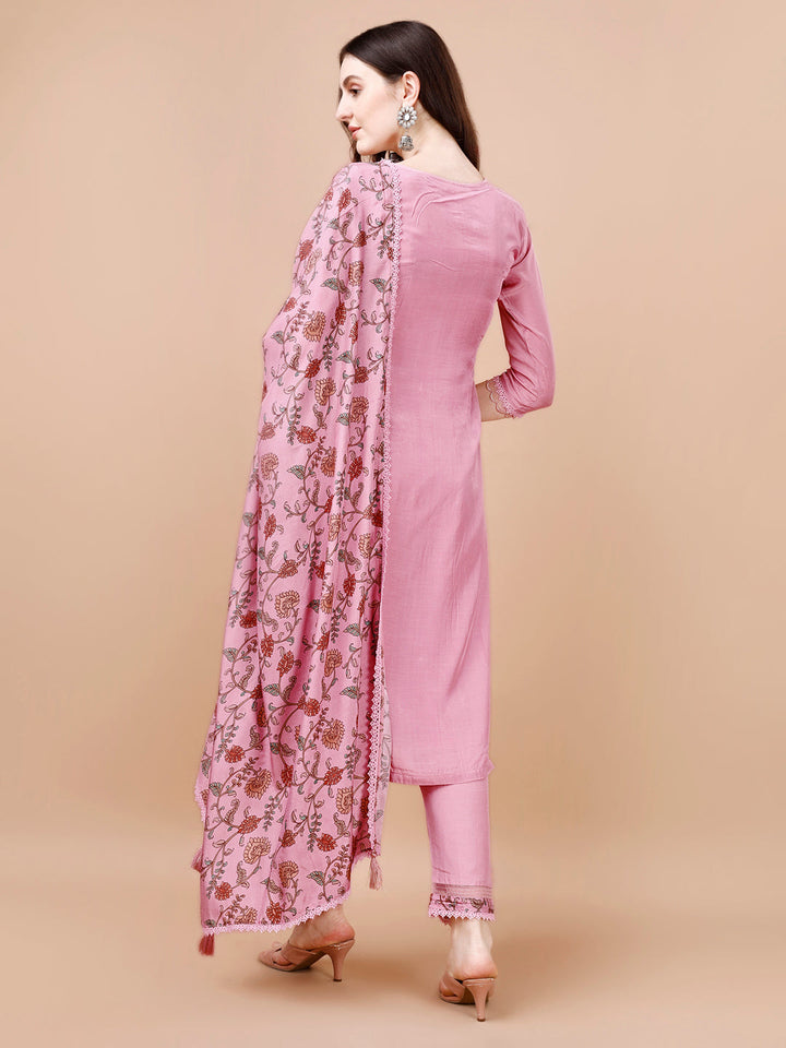 Light Pink Embroidery Kurta Suit Set by Qivii