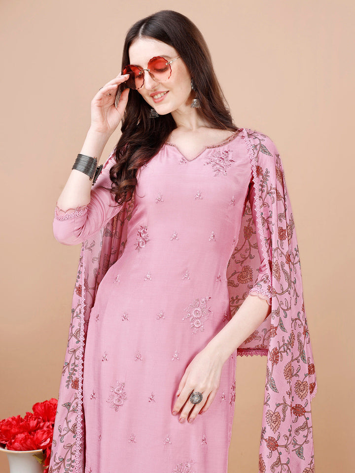 Light Pink Embroidery Kurta Suit Set by Qivii