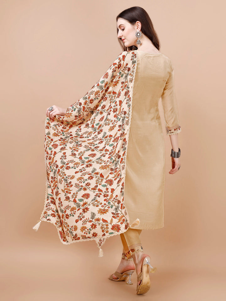 Beige Embroidery Kurta Suit Set by Qivii