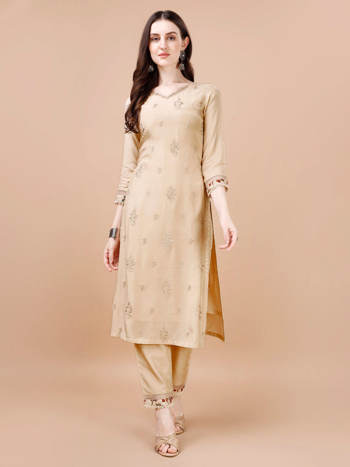 Beige Embroidery Kurta Suit Set by Qivii