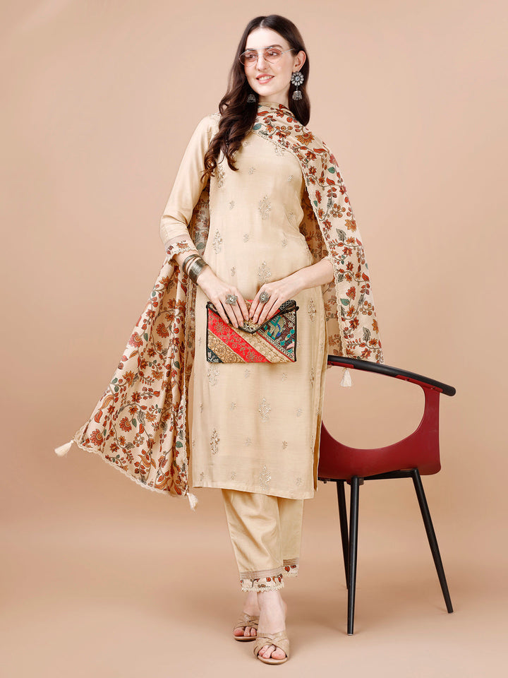 Beige Embroidery Kurta Suit Set by Qivii