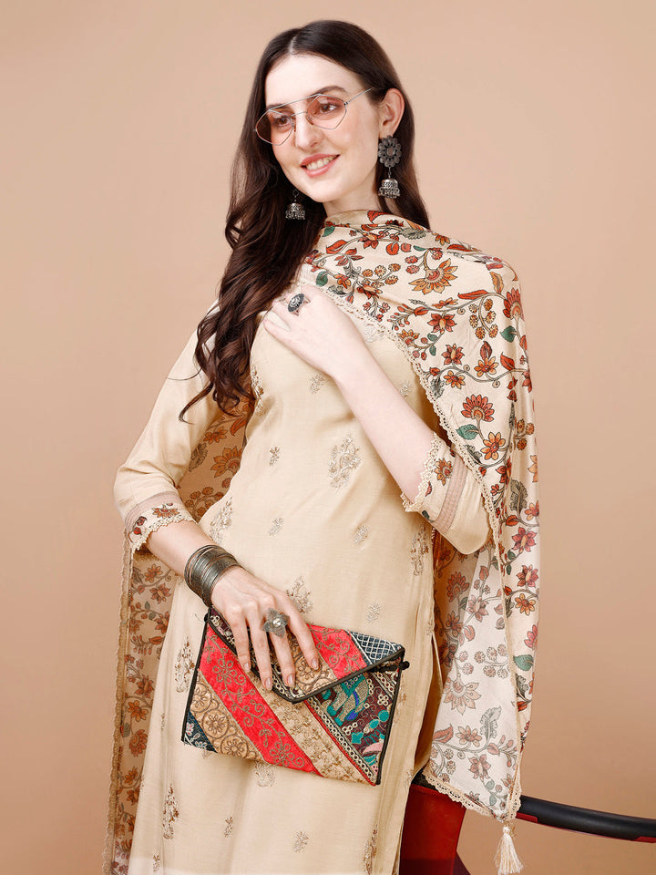 Beige Embroidery Kurta Suit Set by Qivii