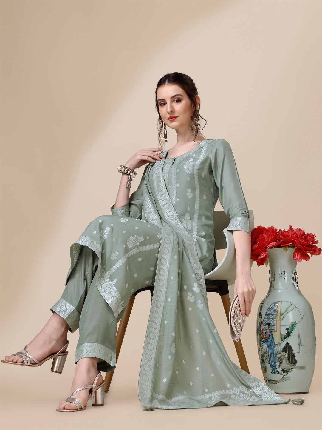 Grey Tussar Silk Kurta Suit Set by Qivii