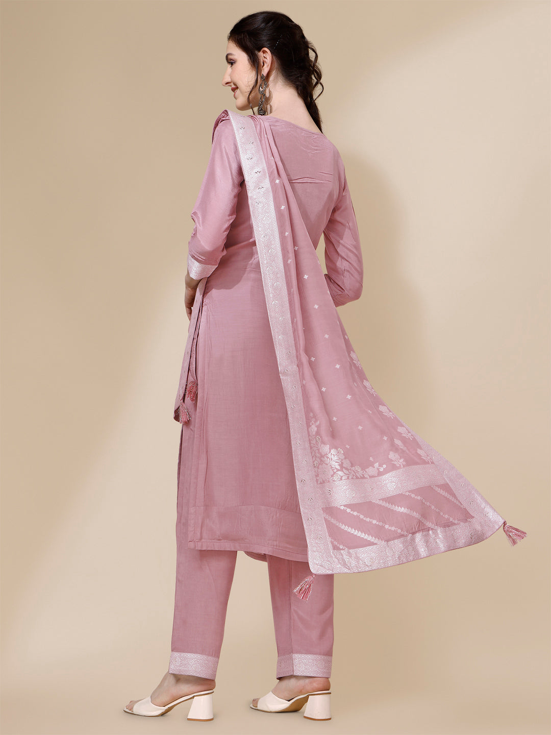 Pink Thread Woven Tussar Silk Kurta Suit Set by Qivii