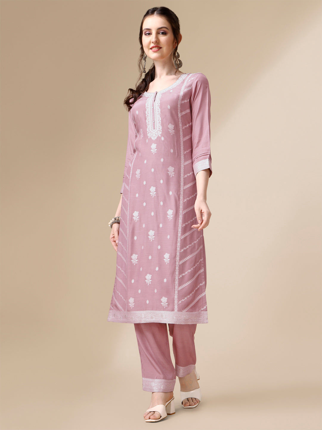 Pink Thread Woven Tussar Silk Kurta Suit Set by Qivii