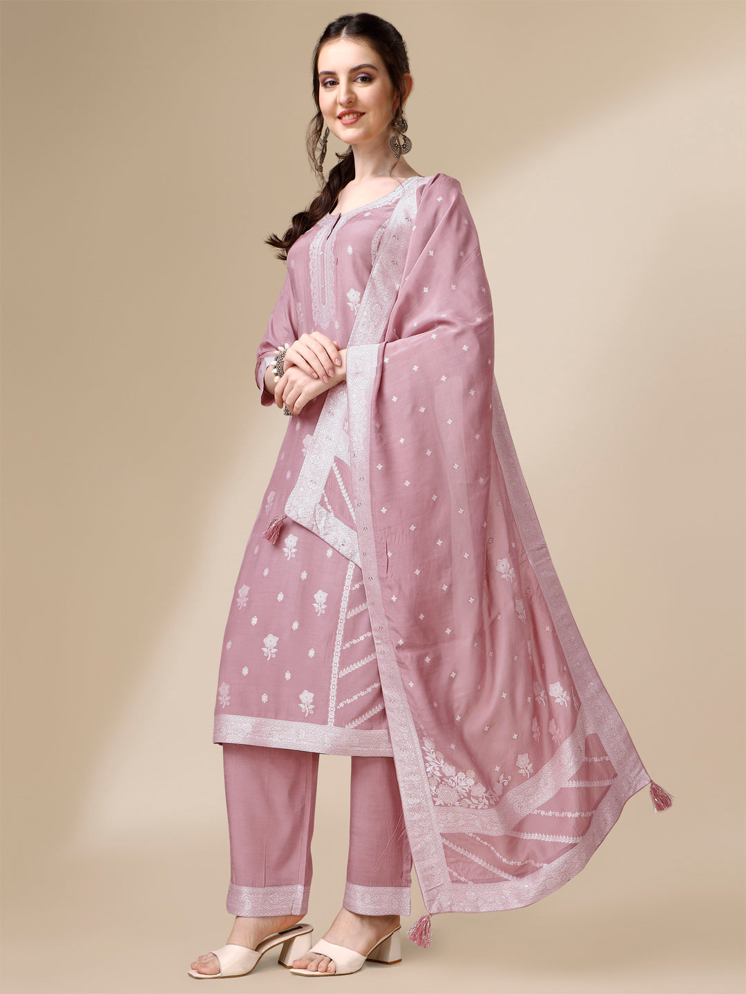 Pink Thread Woven Tussar Silk Kurta Suit Set by Qivii