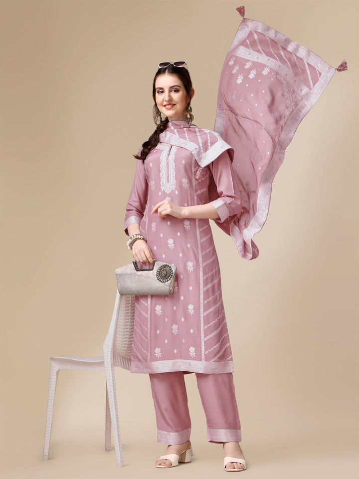 Pink Thread Woven Tussar Silk Kurta Suit Set by Qivii