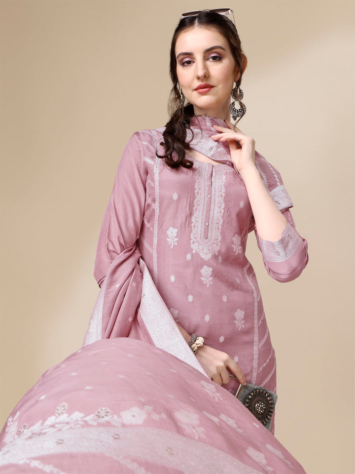 Pink Thread Woven Tussar Silk Kurta Suit Set by Qivii