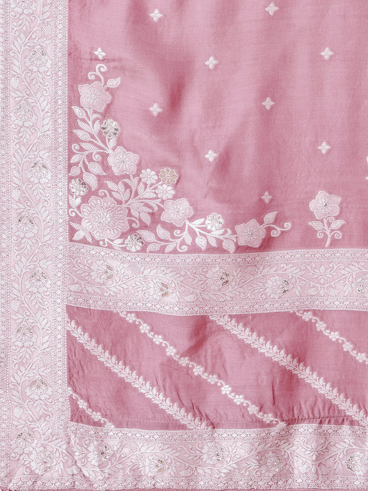 Pink Thread Woven Tussar Silk Kurta Suit Set by Qivii