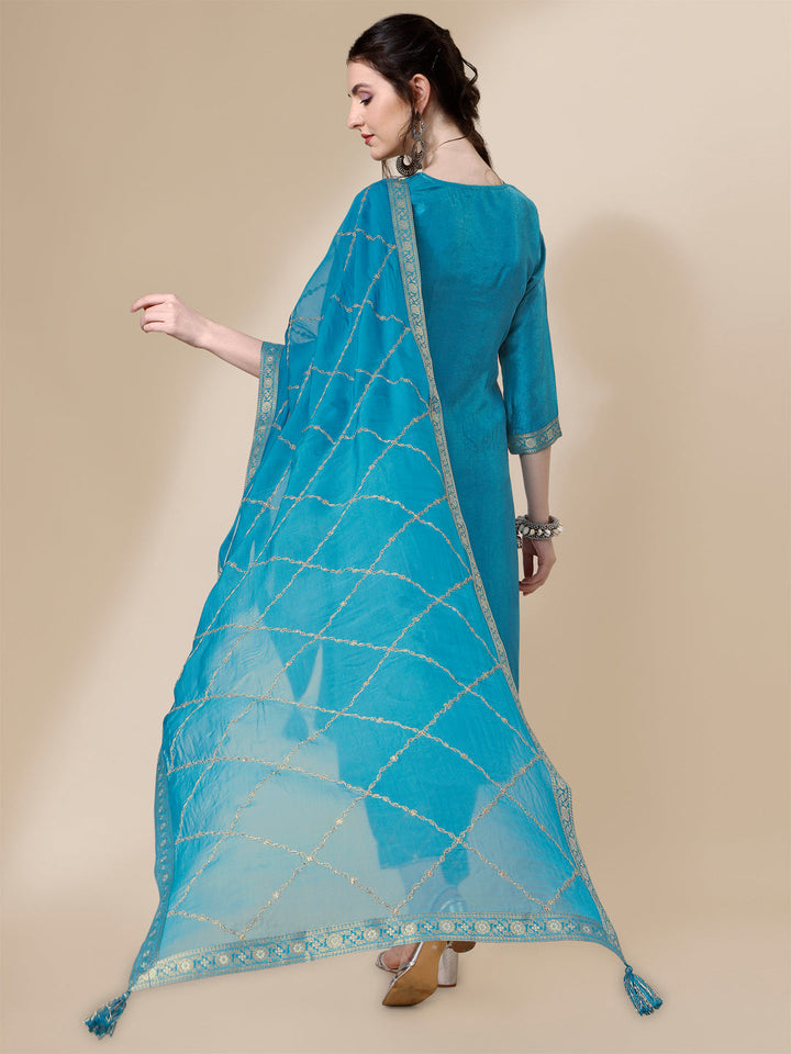 Teal Jacquard Kurta Suit Set by Qivii