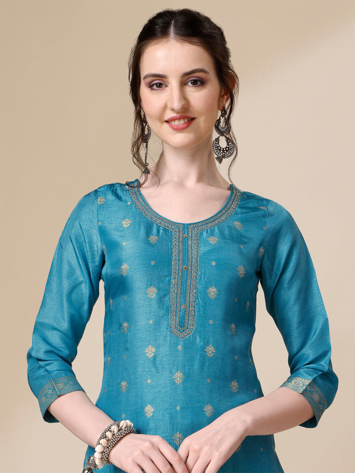 Teal Jacquard Kurta Suit Set by Qivii