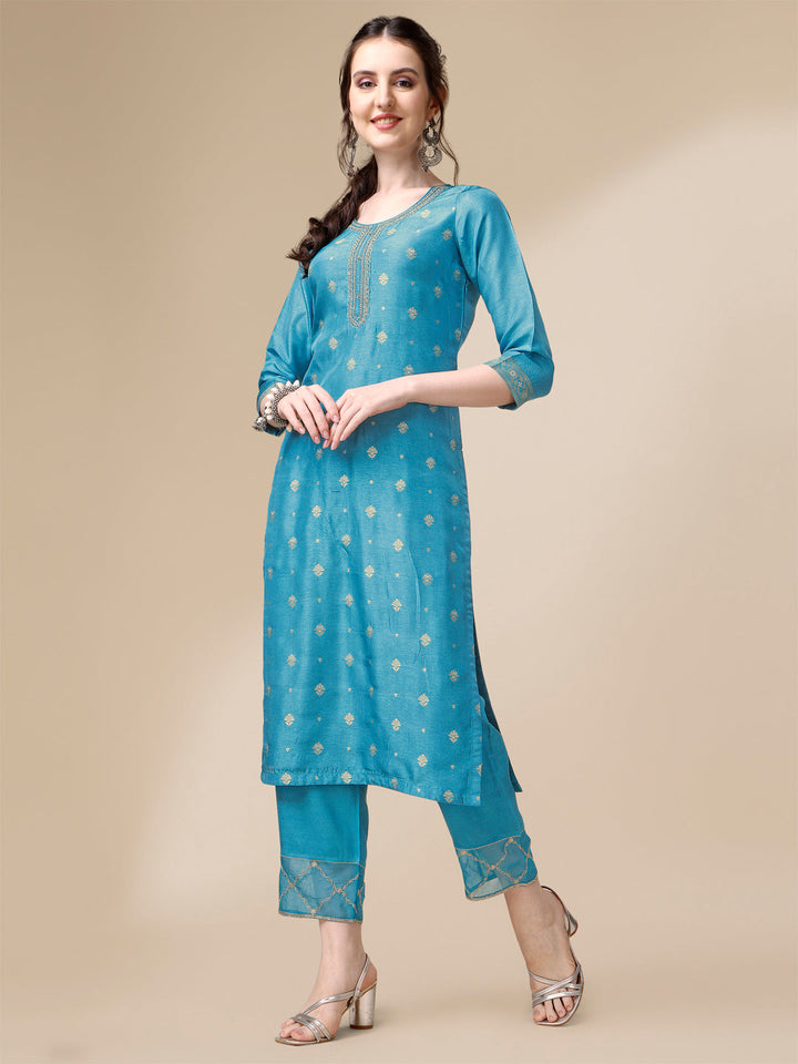 Teal Jacquard Kurta Suit Set by Qivii