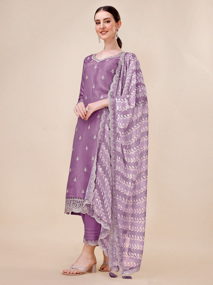 Dusty Lavendar Purple Dola Silk Kurta . Paired with Straight Pants and Chinon Lehariya Print Dupatta