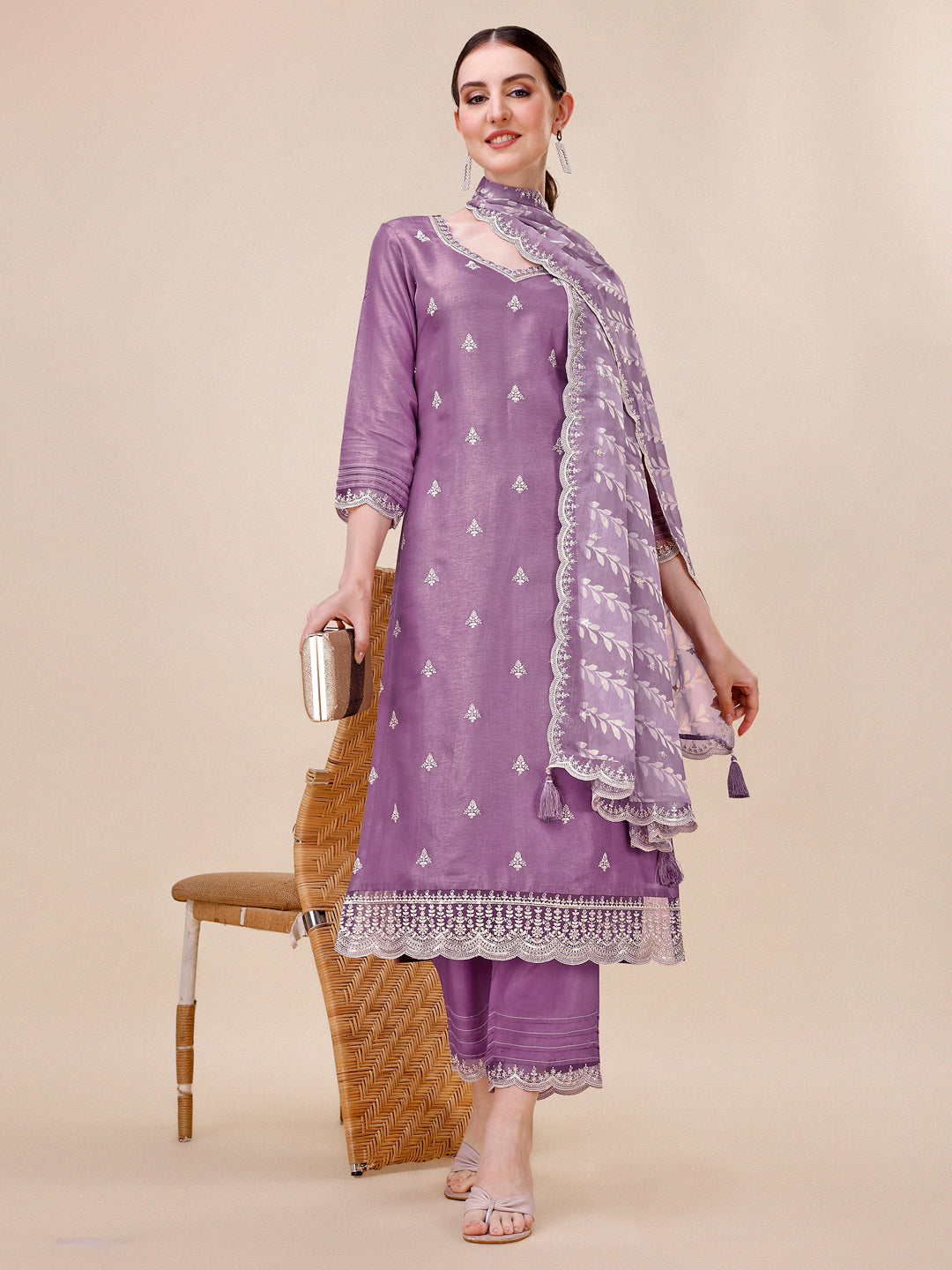 Dusty Lavendar Purple Dola Silk Kurta . Paired with Straight Pants and Chinon Lehariya Print Dupatta