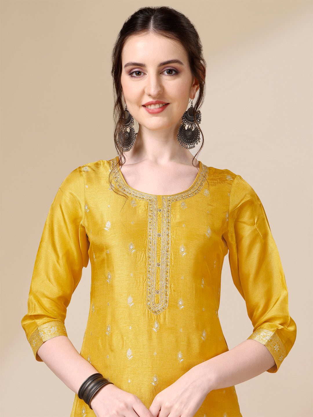 Yellow Jacquard Kurta Suit Set by Qivii