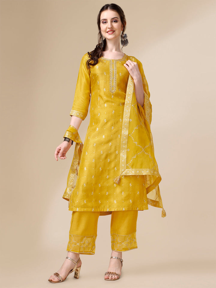 Yellow Jacquard Kurta Suit Set by Qivii