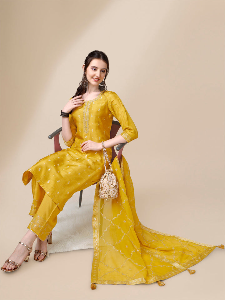 Yellow Jacquard Kurta Suit Set by Qivii