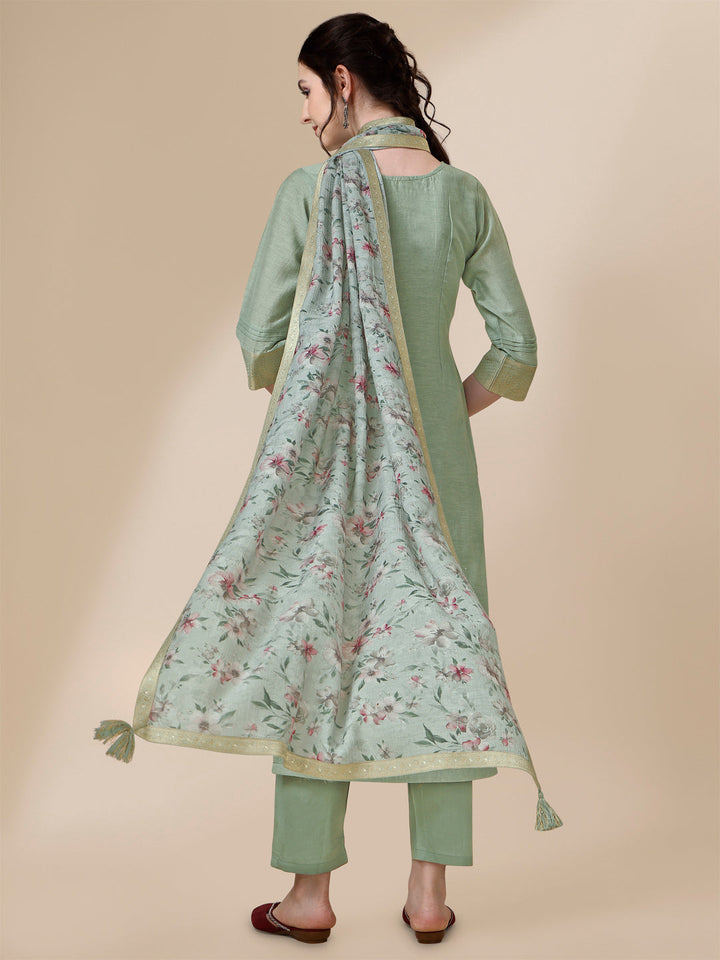 Grey Linen Jacquard Straight Kurta Suit Set by Qivii