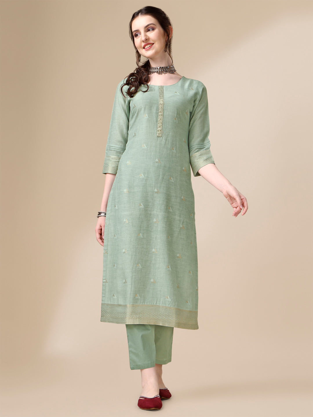 Grey Linen Jacquard Straight Kurta Suit Set by Qivii