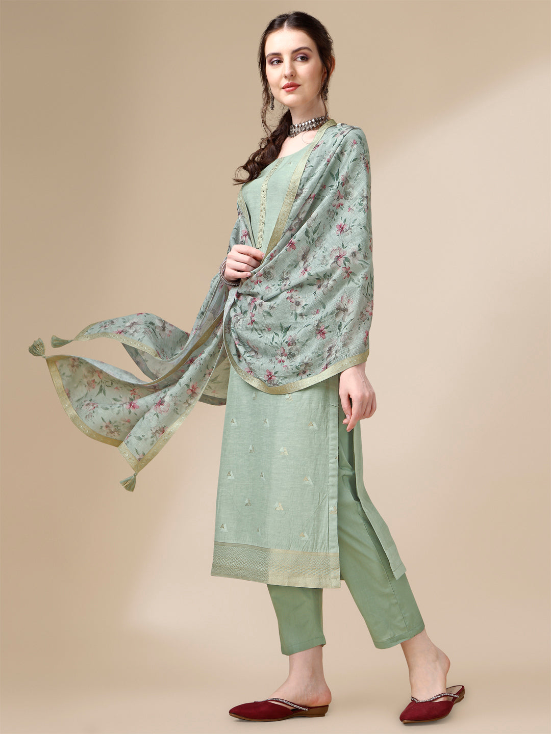 Grey Linen Jacquard Straight Kurta Suit Set by Qivii