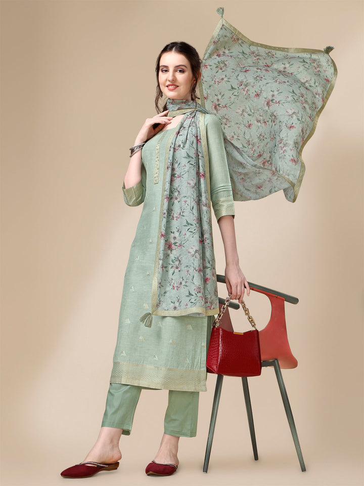 Grey Linen Jacquard Straight Kurta Suit Set by Qivii