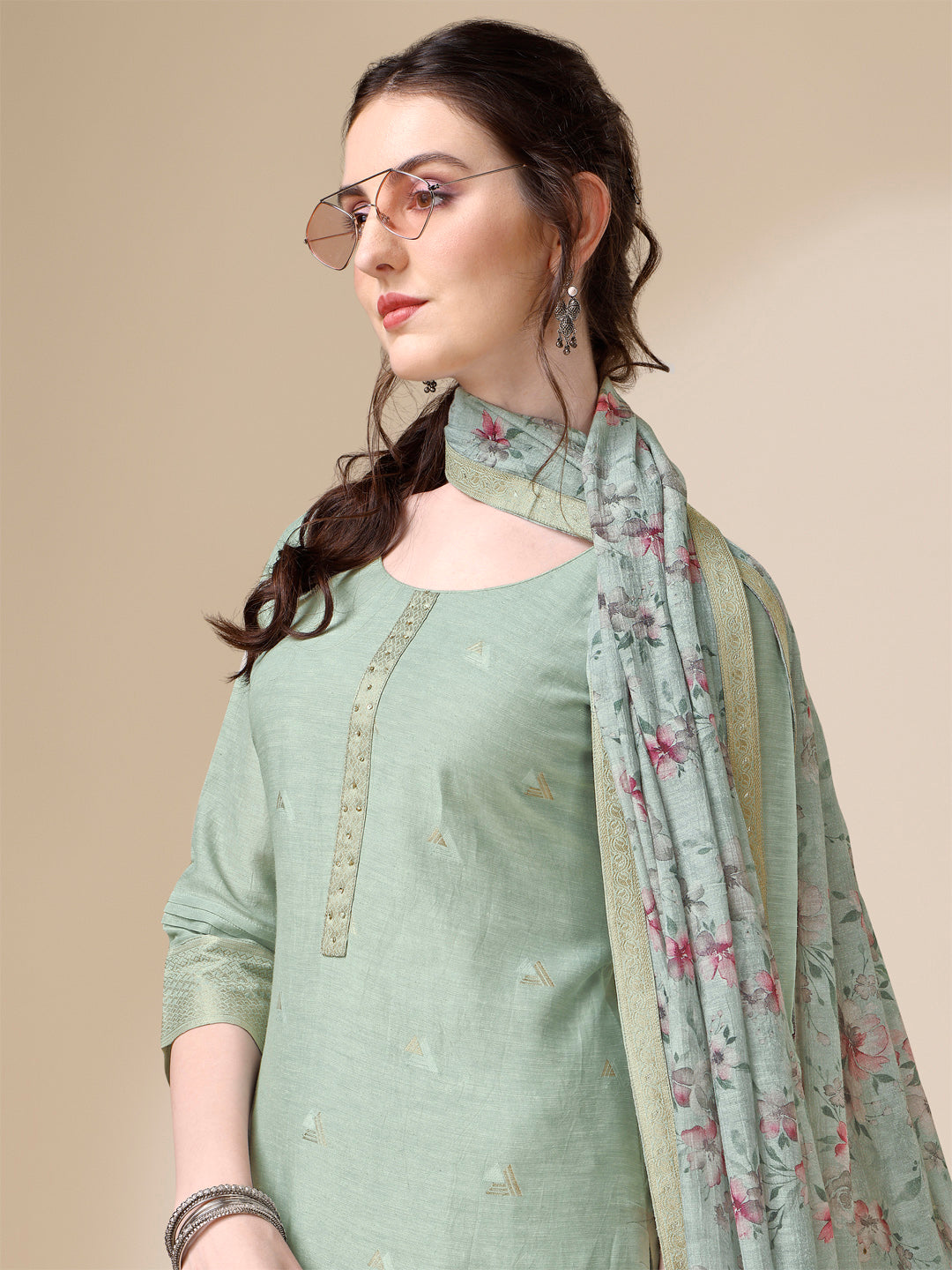 Grey Linen Jacquard Straight Kurta Suit Set by Qivii