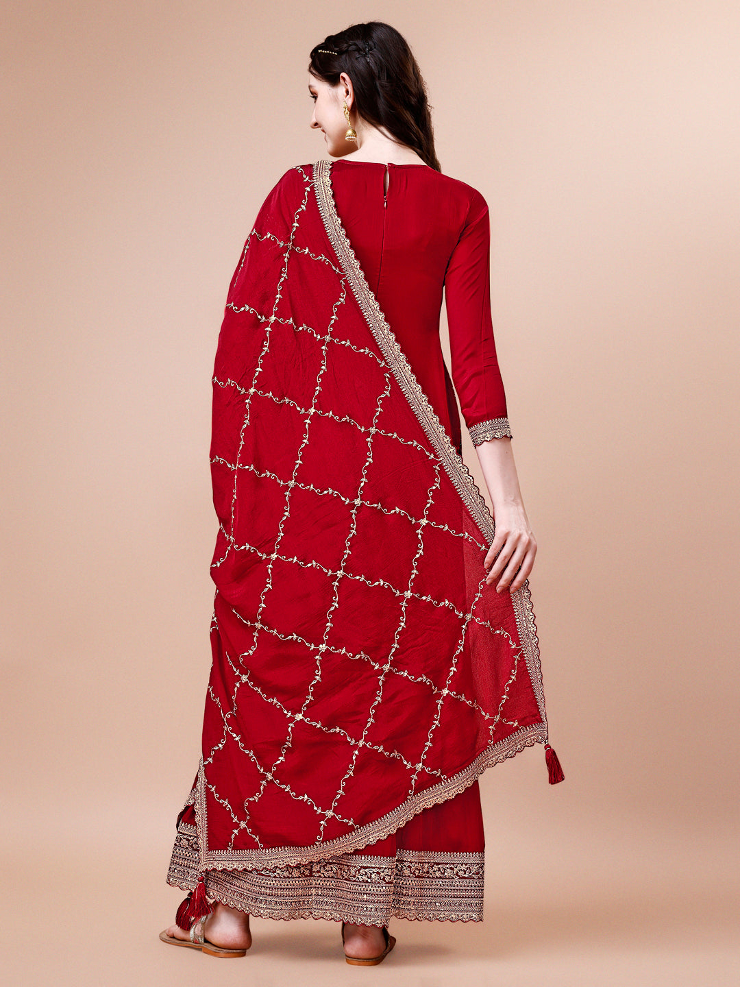 Red Jacquard with Embroidery Sharara Suit Set by Qivii