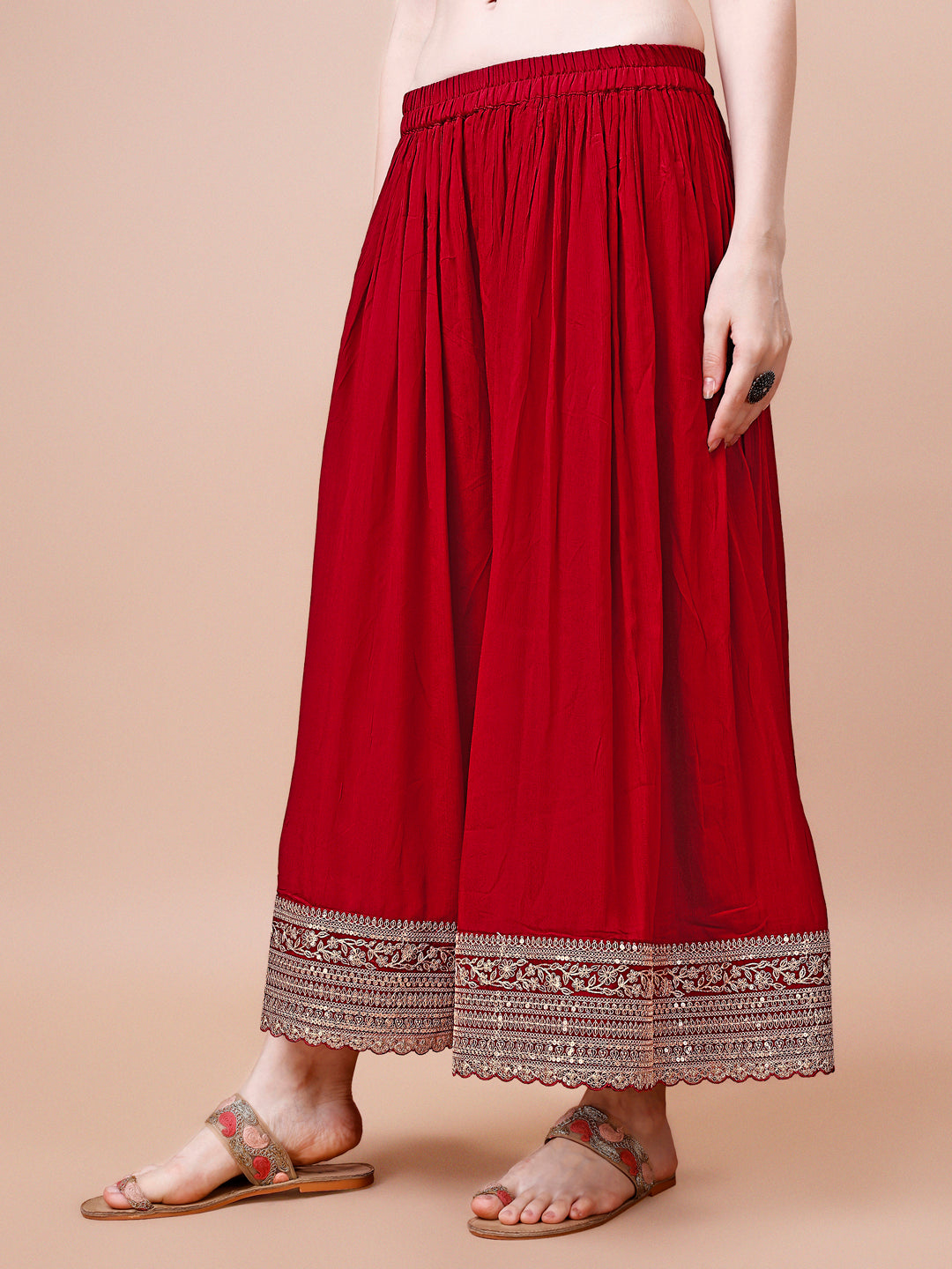 Red Jacquard with Embroidery Sharara Suit Set by Qivii