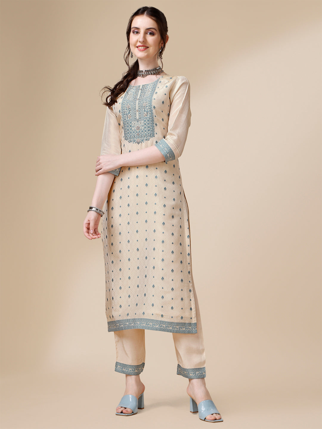 Cream Jacquard Tissue Kurta Suit Set by Qivii