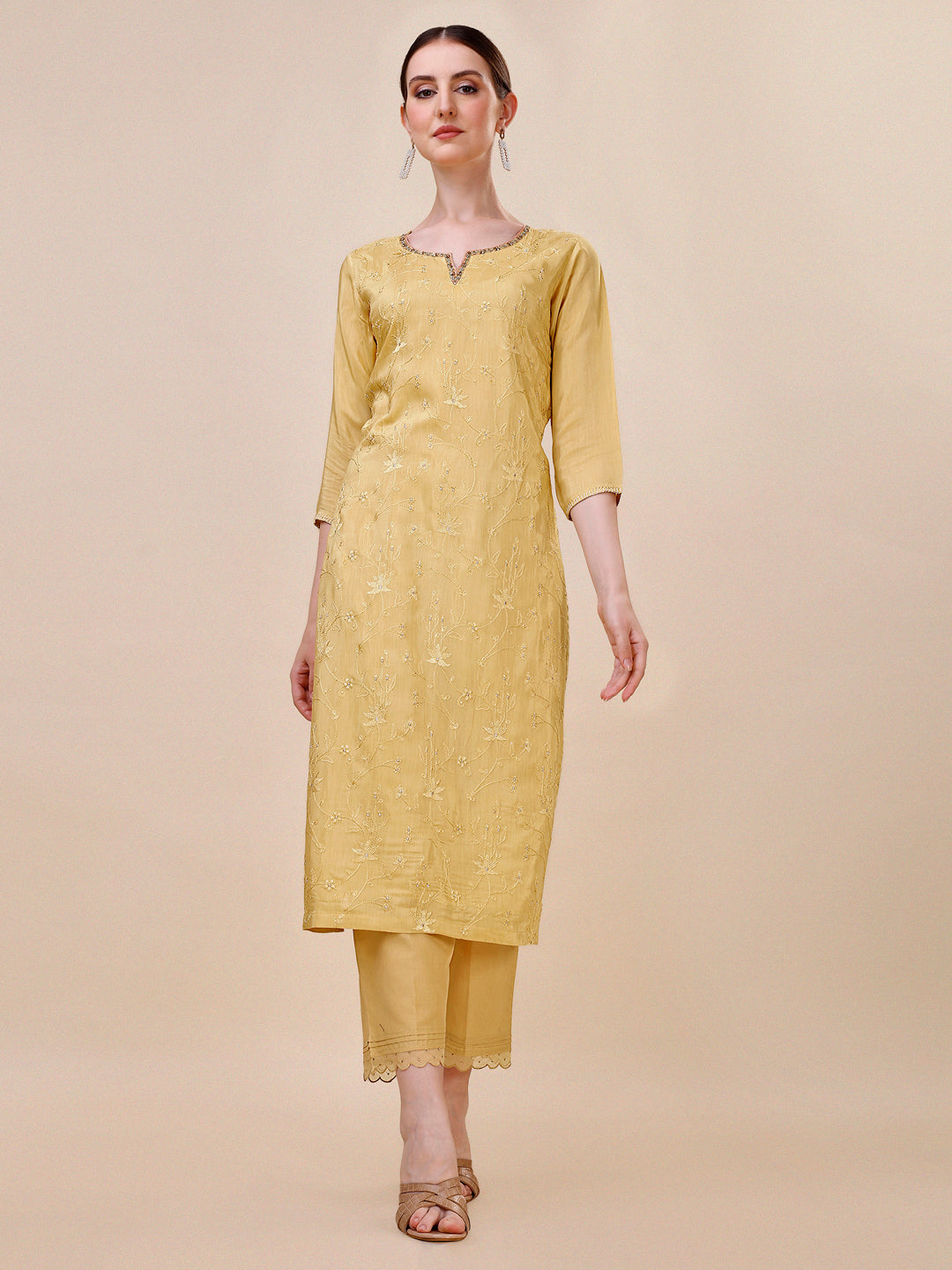 Yellow Embroidery Kurta Suit Set by Qivii